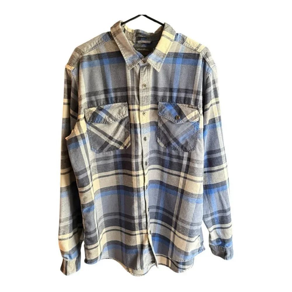 Eddie Bauer Blue and Cream Plaid Shirt in